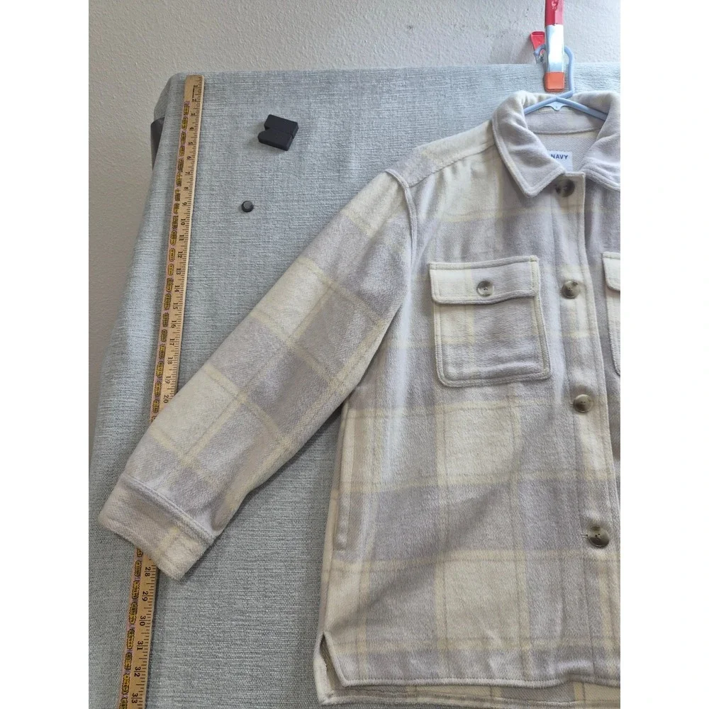 Old Navy Shacket Jacket Womens Large Cream Yellow Plaid Fleece Button Front